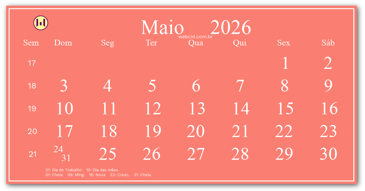 Calendário 2026 - Maio - Brasil com feriados e fases da lua