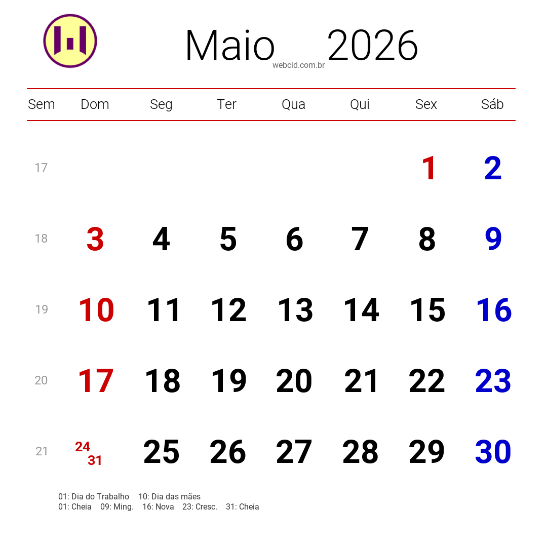Calendário 2026 - Maio - Brasil com feriados e fases da lua