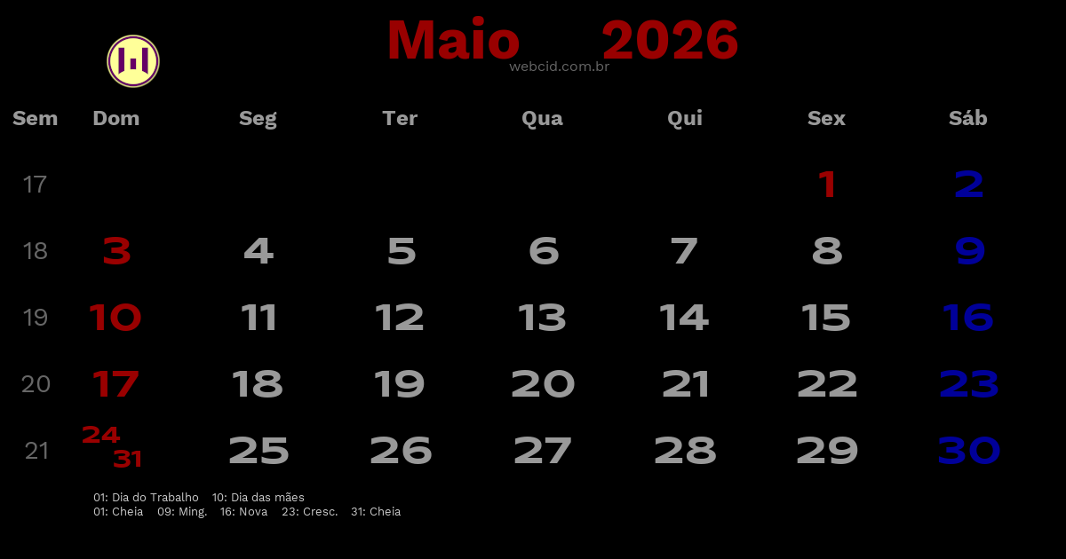 Calendário 2026 - Maio - Brasil com feriados e fases da lua