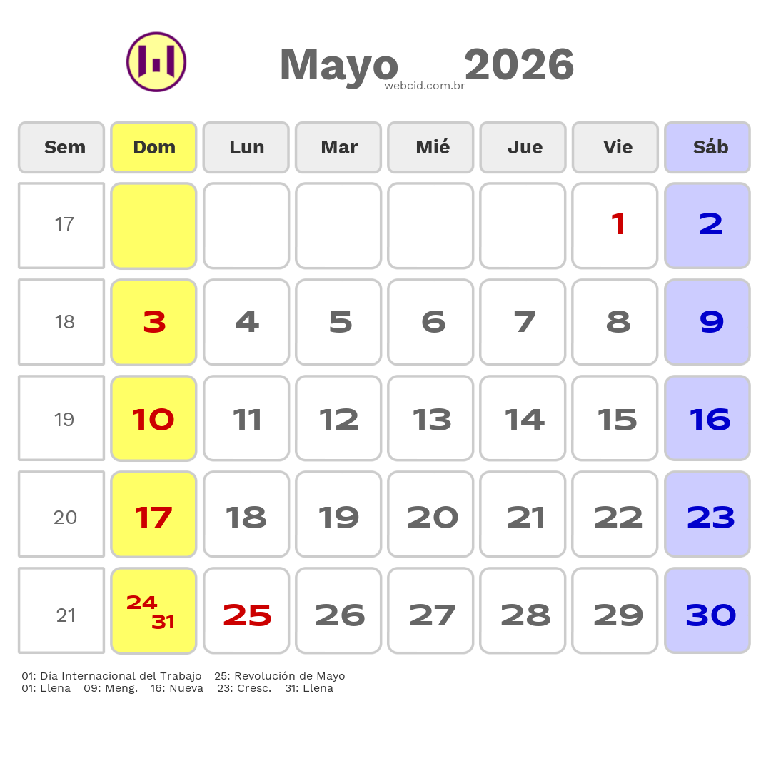 Calendario 2026 - Mayo - Argentina com feriados e fases da lua