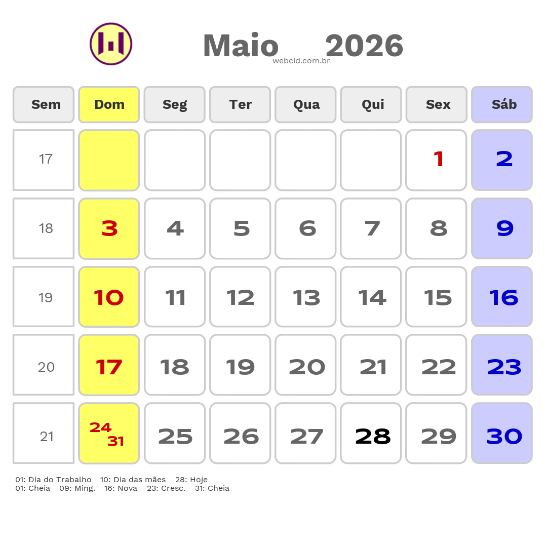 Calendário 2026 - Maio - Candeias-BA com feriados e fases da lua