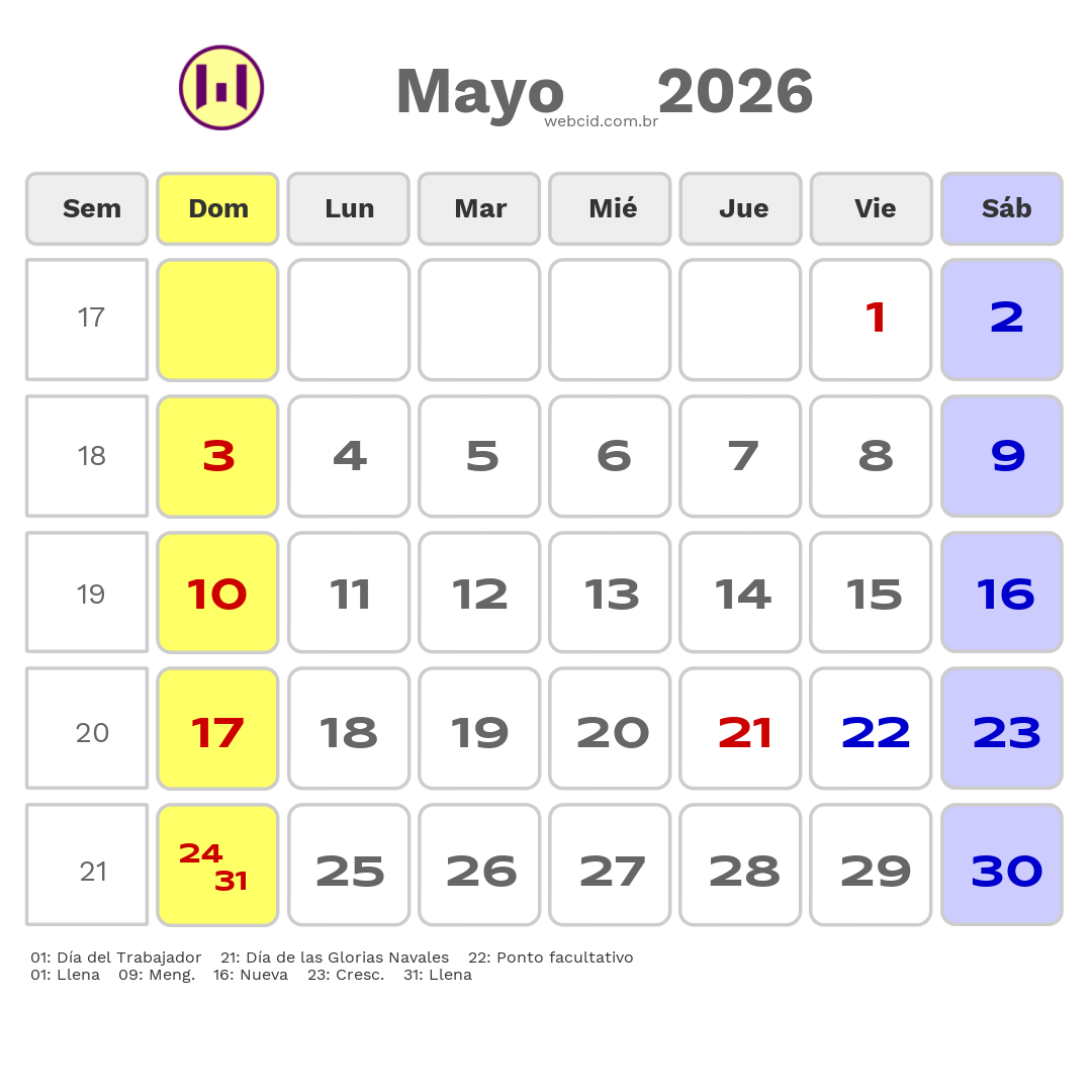 Calendario 2026 - Mayo - Chile com feriados e fases da lua