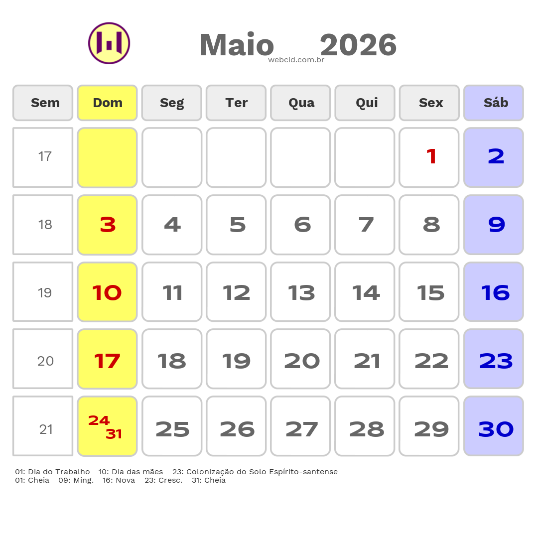Calendário 2026 - Maio - Linhares-ES com feriados e fases da lua