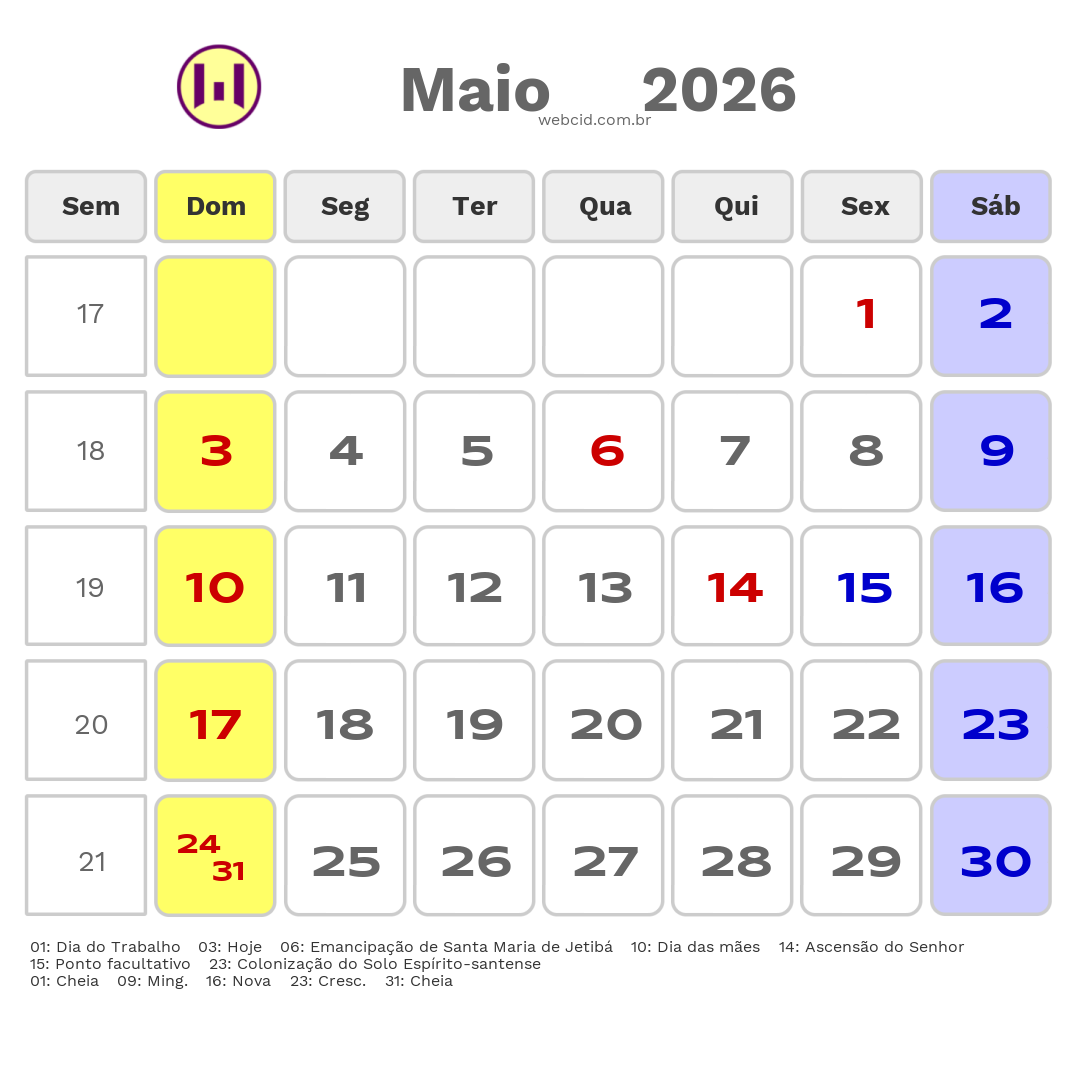 Calendário 2026 - Maio - Santa Maria de Jetibá-ES com feriados e fases da lua