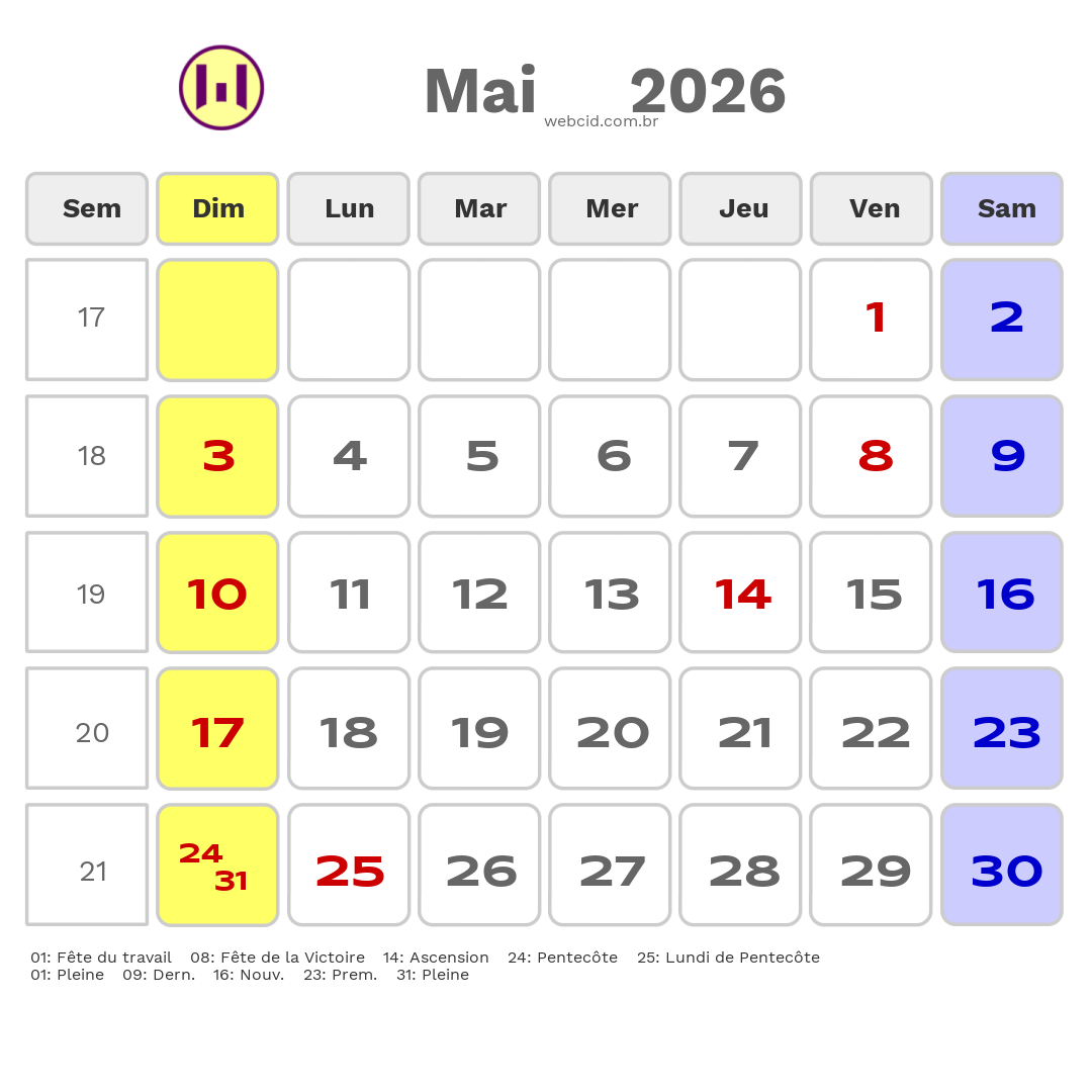 Calendrier 2026 - Mai - La France com feriados e fases da lua