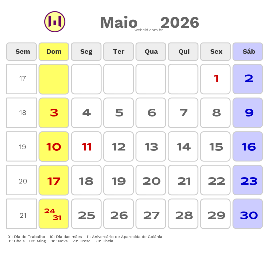 Calendário 2026 - Maio - Aparecida de Goiânia-GO com feriados e fases da lua