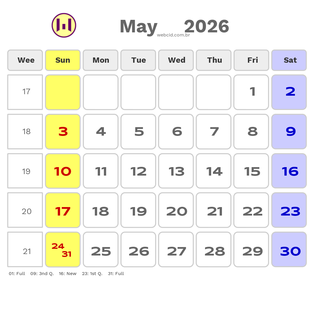 Calendar 2026 - May - Inglaterra com feriados e fases da lua
