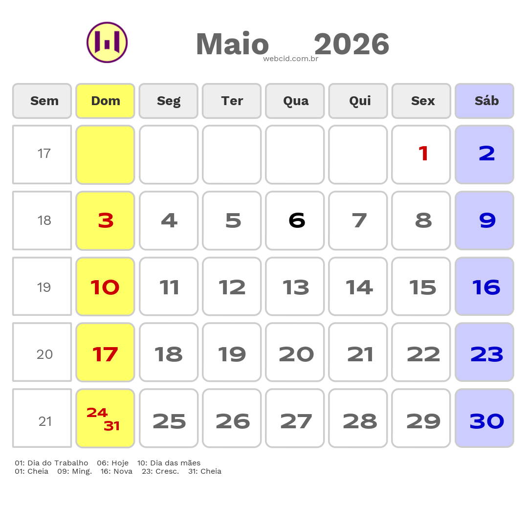 Calendário 2026 - Maio - Sao Luis-MA com feriados e fases da lua