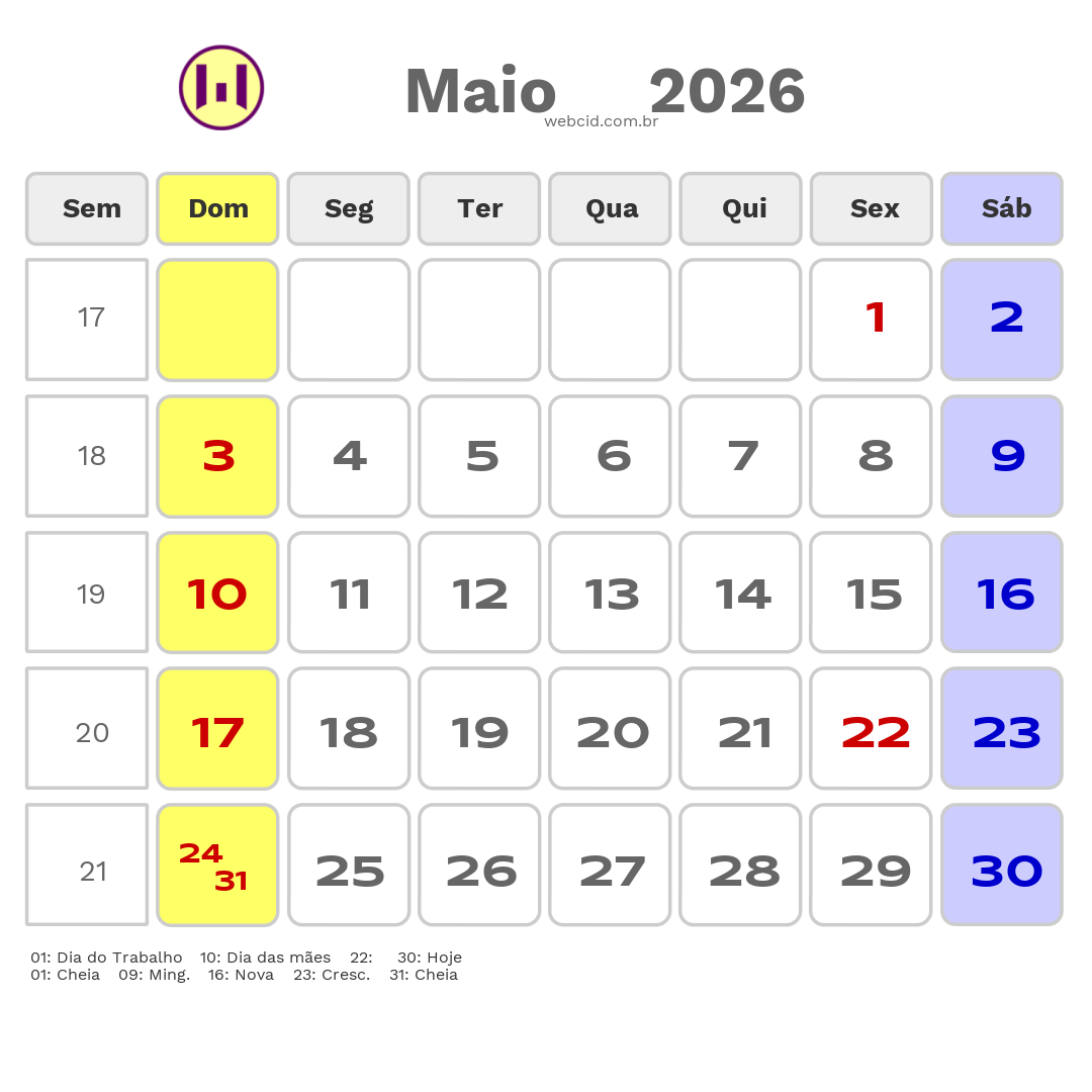 Calendário 2026 - Maio - Timbiras-MA com feriados e fases da lua