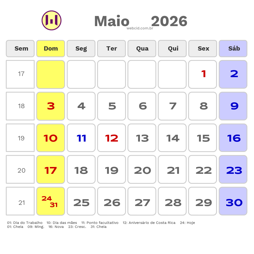 Calendário 2026 - Maio - Costa Rica-MS com feriados e fases da lua