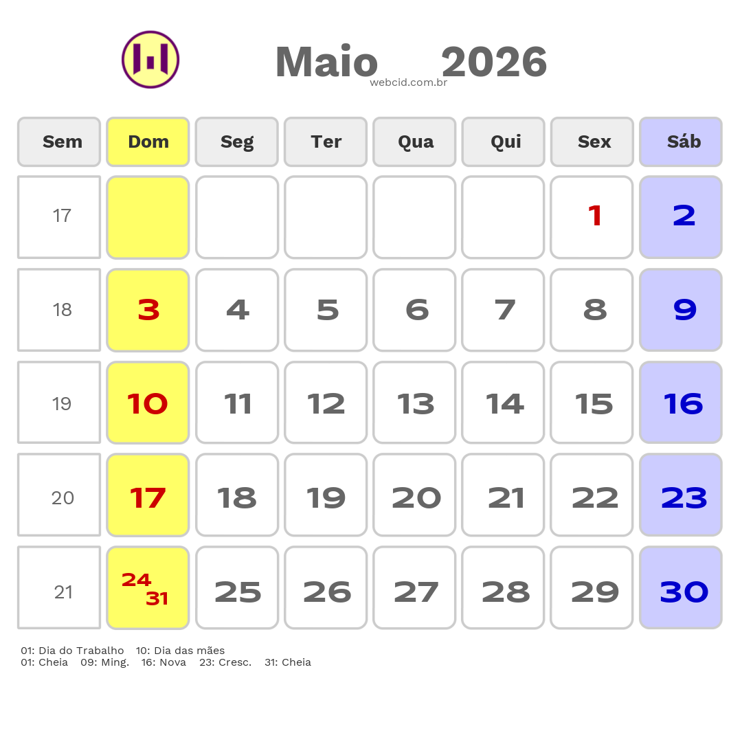 Calendário 2026 - Maio - Rondonópolis-MT com feriados e fases da lua