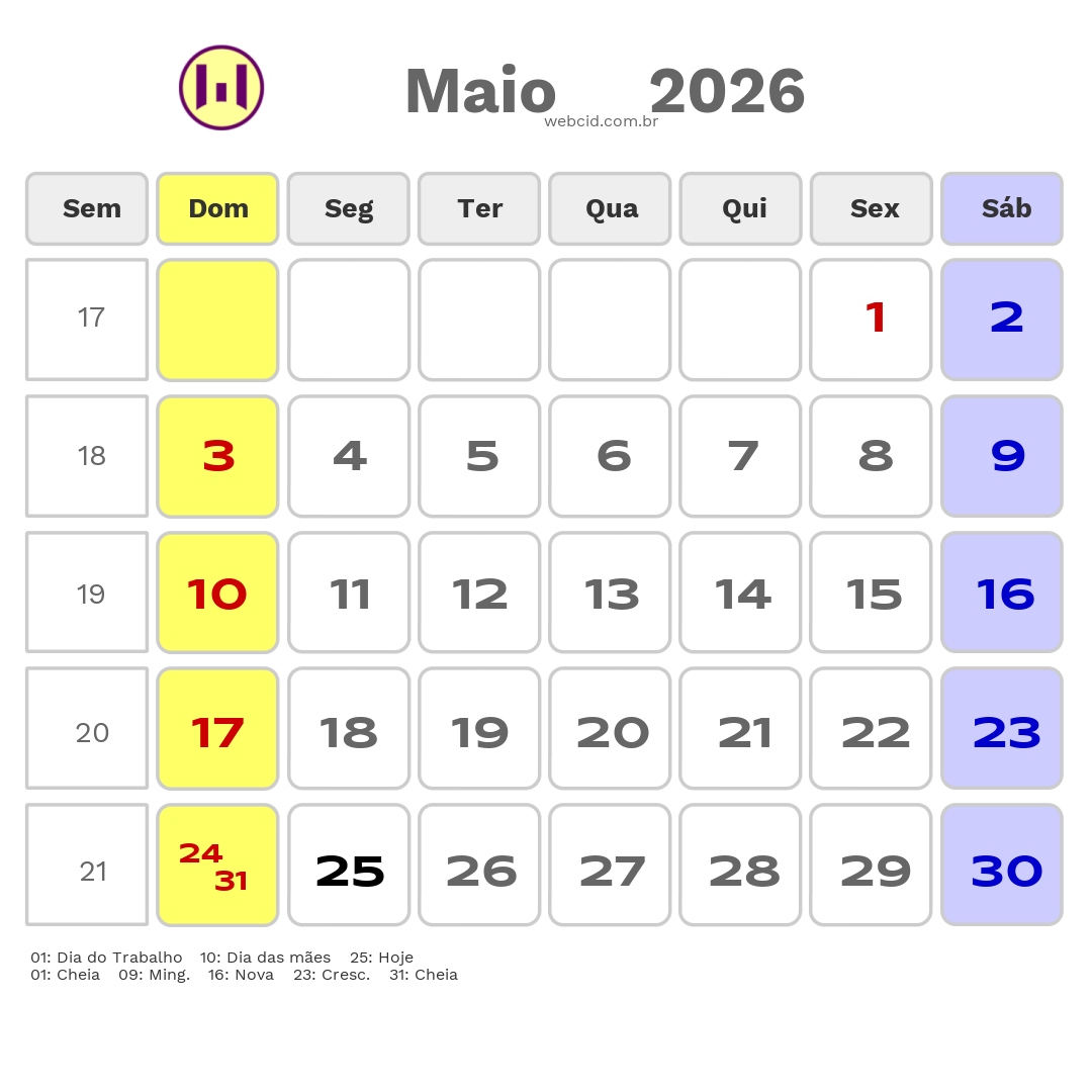 Calendário 2026 - Maio - Conselheiro Lafaiete-MG com feriados e fases da lua