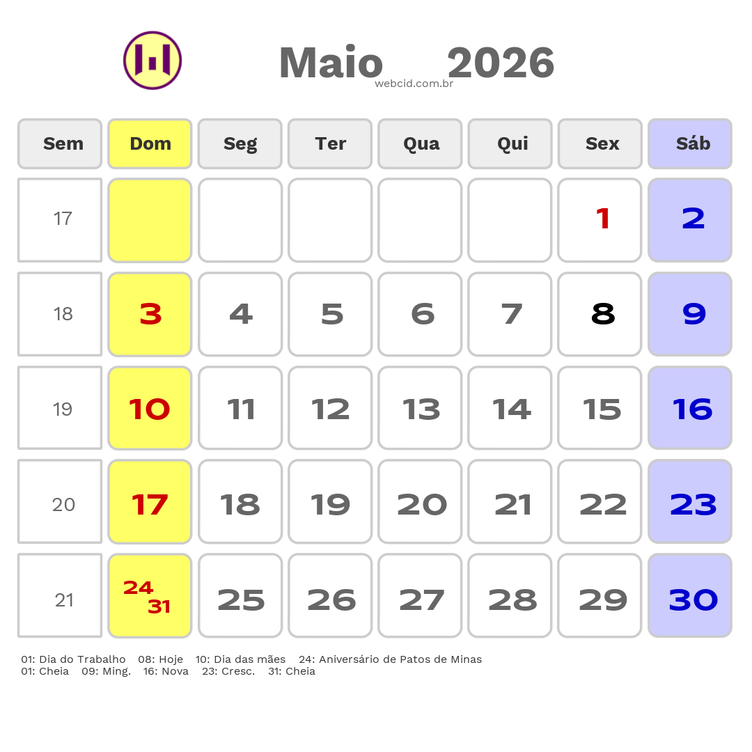 Calendário 2026 - Maio - Patos de Minas-MG com feriados e fases da lua