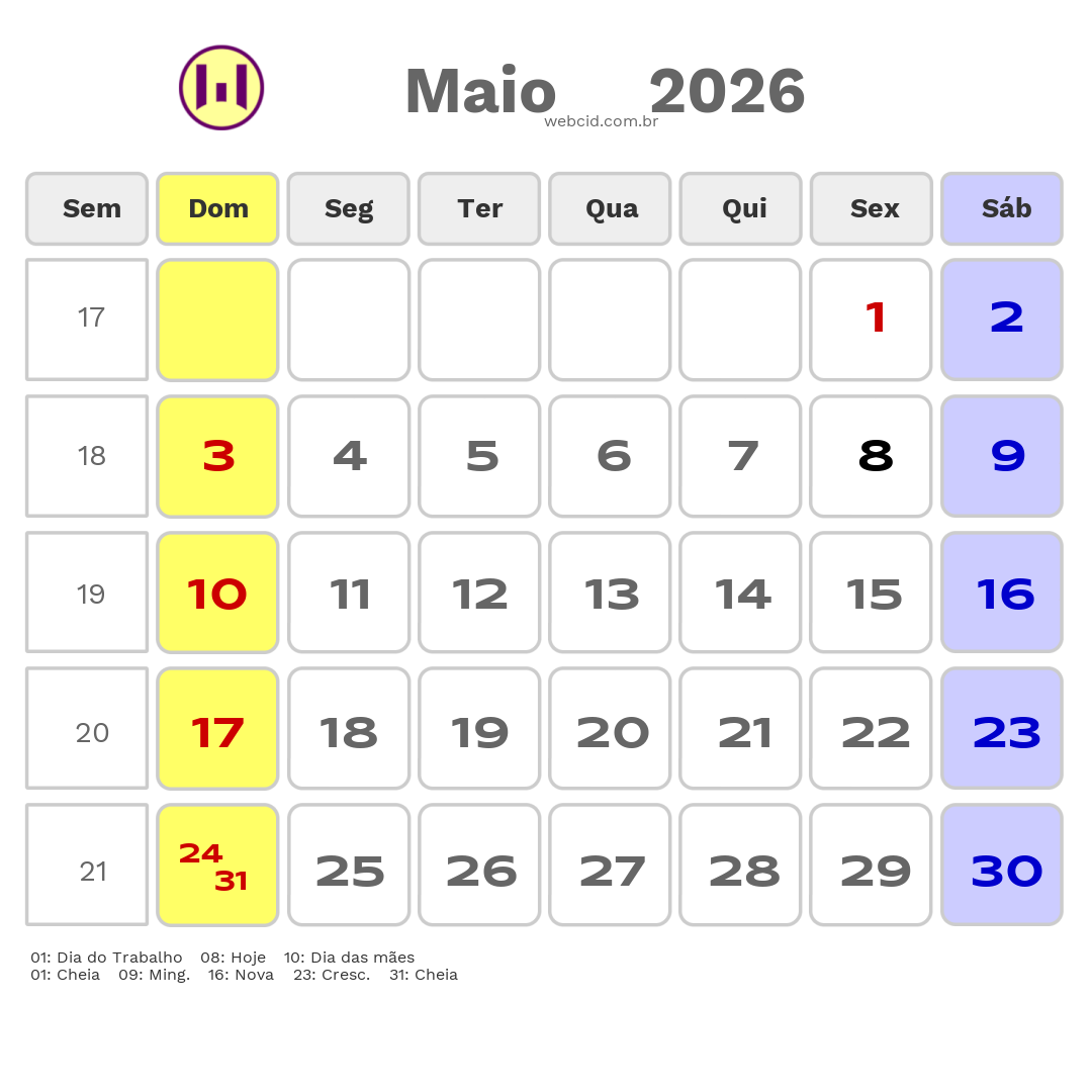 Calendário 2026 - Maio - Uba-MG com feriados e fases da lua