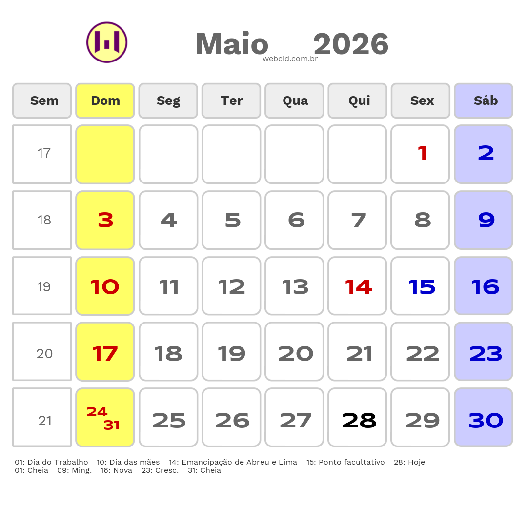 Calendário 2026 - Maio - Abreu e Lima-PE com feriados e fases da lua