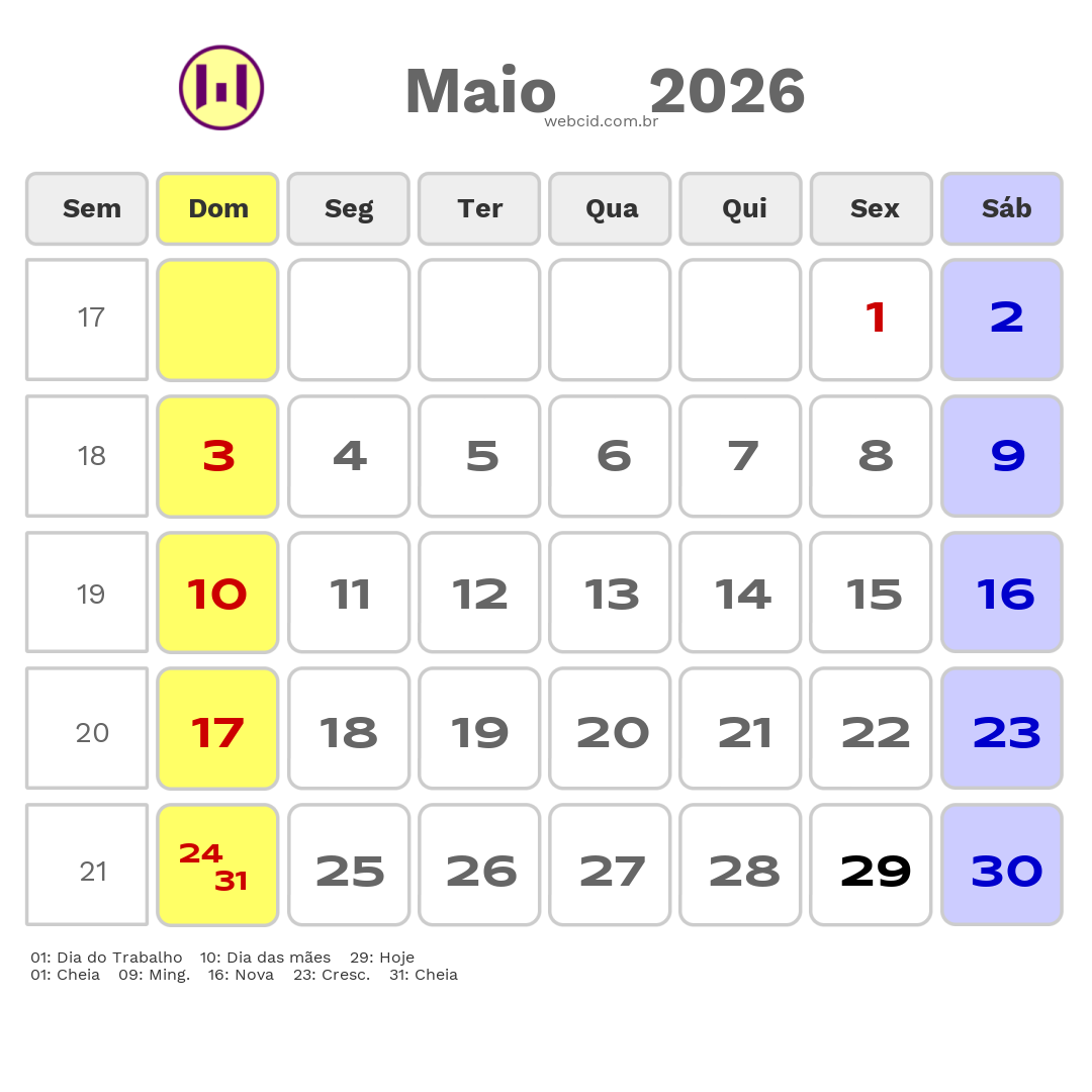 Calendário 2026 - Maio - Ipojuca-PE com feriados e fases da lua
