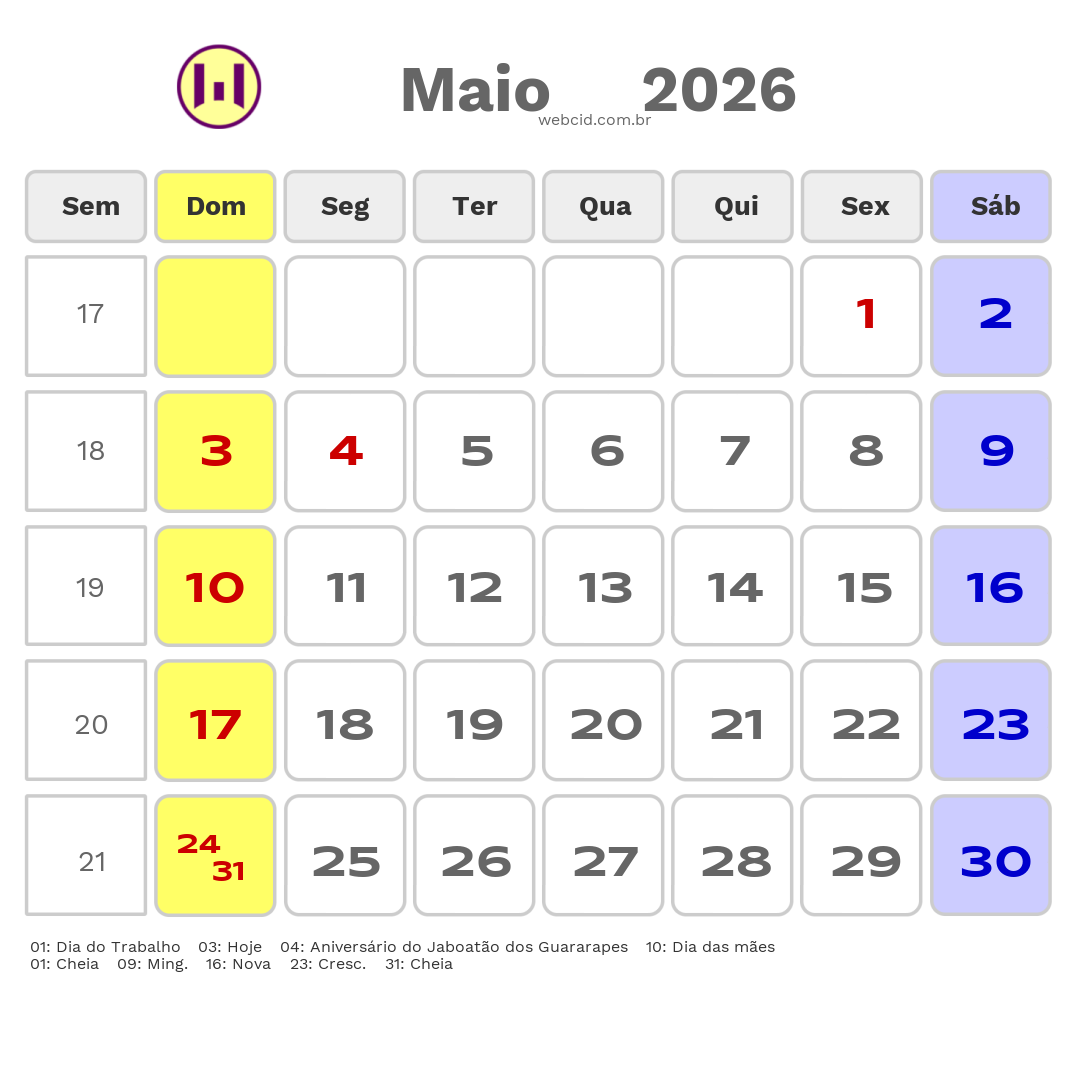 Calendário 2026 - Maio - Jaboatão dos Guararapes-PE com feriados e fases da lua