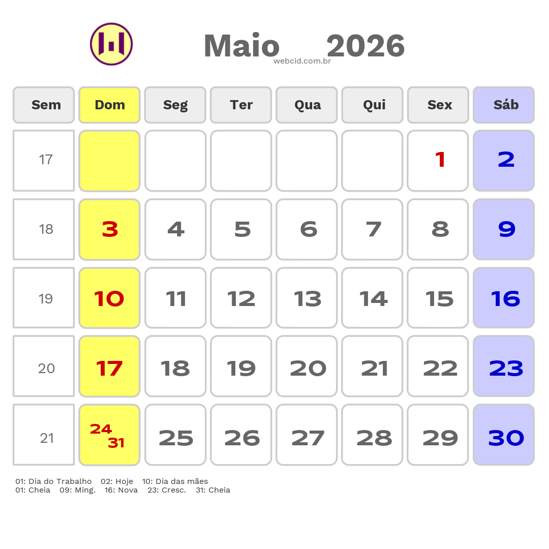 Calendário 2026 - Maio - Belford Roxo-RJ com feriados e fases da lua