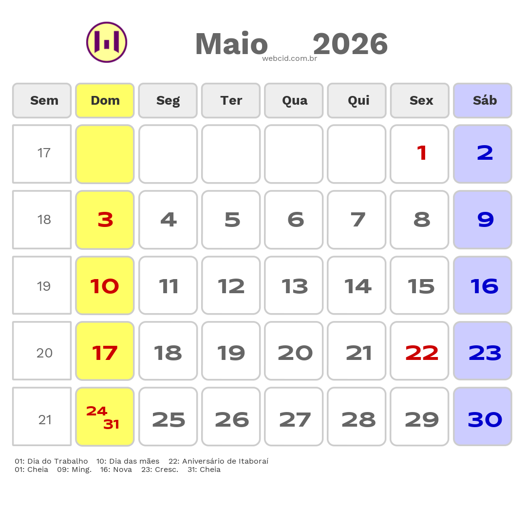 Calendário 2026 - Maio - Itaboraí-RJ com feriados e fases da lua