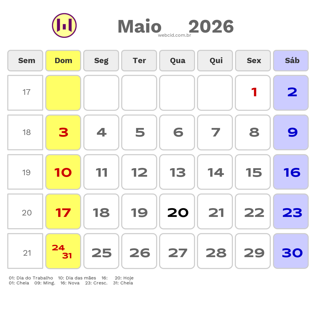 Calendário 2026 - Maio - Nova Friburgo-RJ com feriados e fases da lua