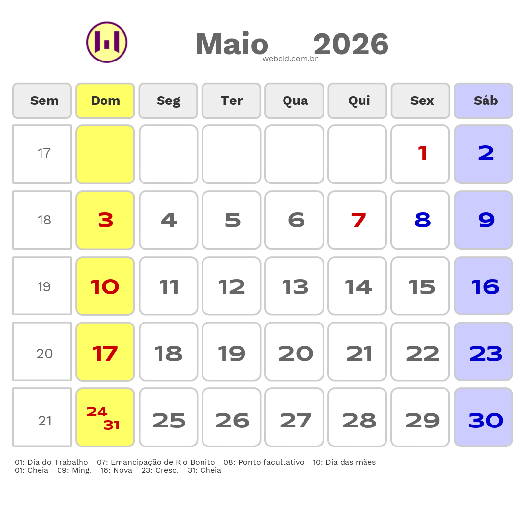 Calendário 2026 - Maio - Rio Bonito-RJ com feriados e fases da lua