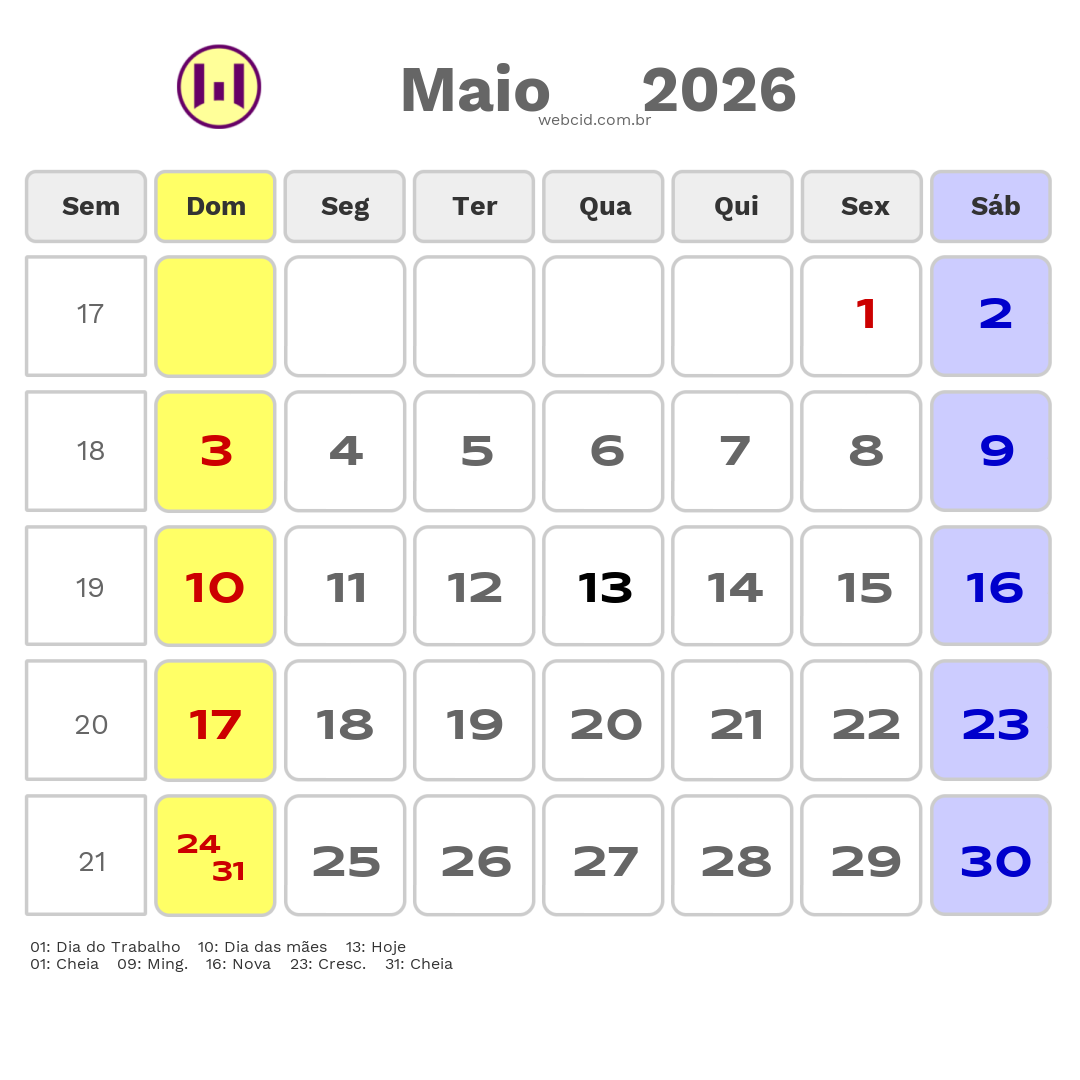 Calendário 2026 - Maio - Carnauba dos Dantas-RN com feriados e fases da lua