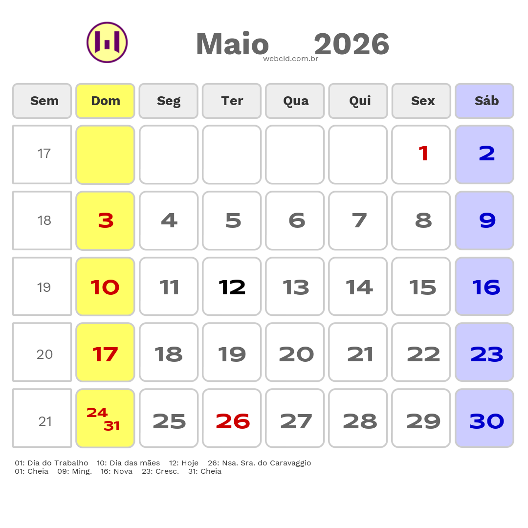 Calendário 2026 - Maio - Caxias do Sul-RS com feriados e fases da lua