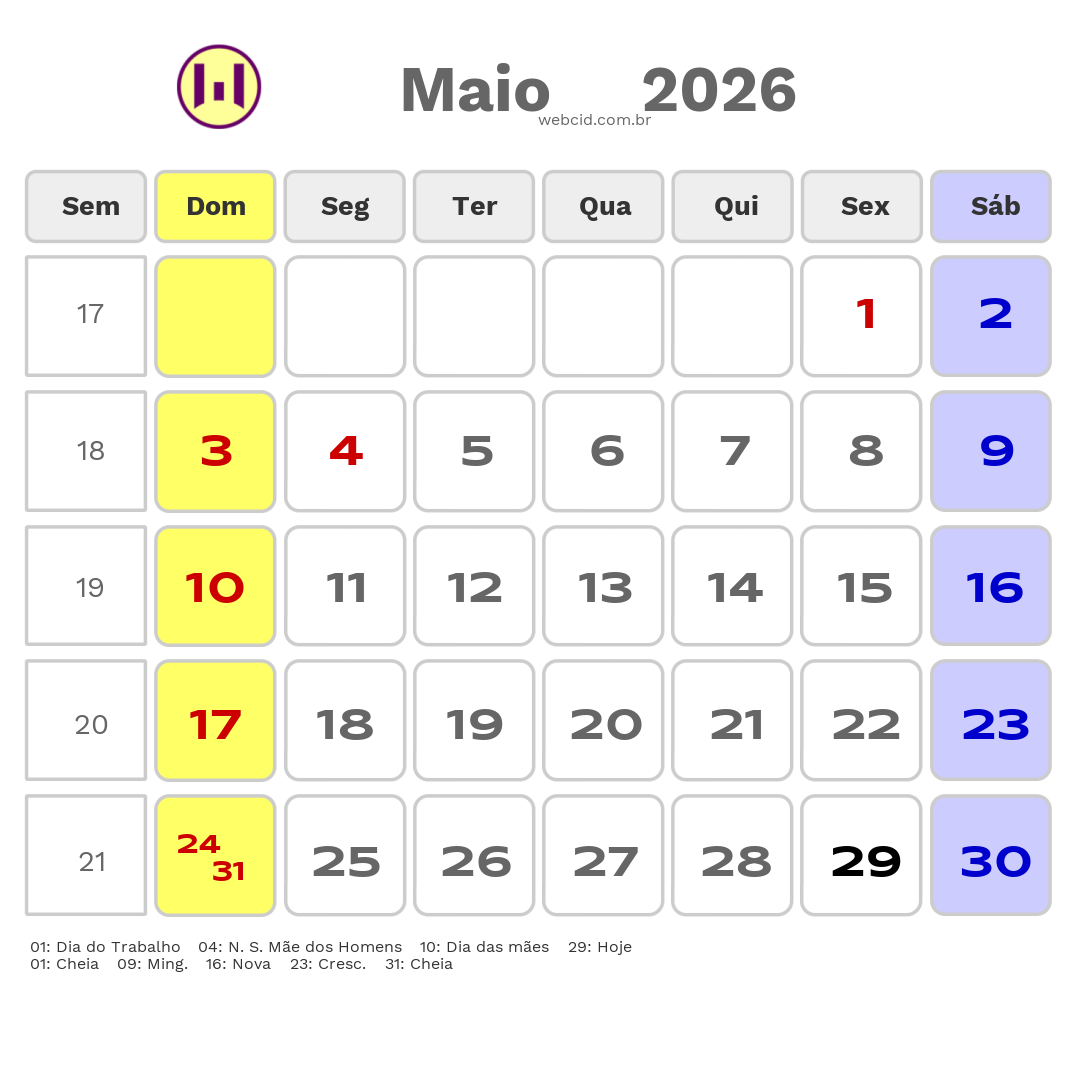 Calendário 2026 - Maio - Araranguá-SC com feriados e fases da lua