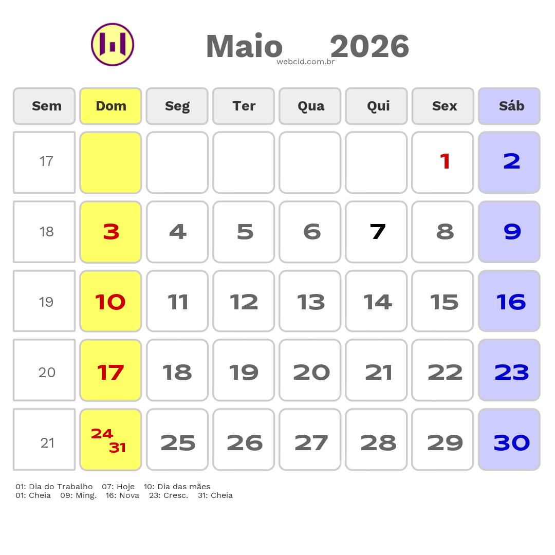 Calendário 2026 - Maio - Balneário Camboriú-SC com feriados e fases da lua