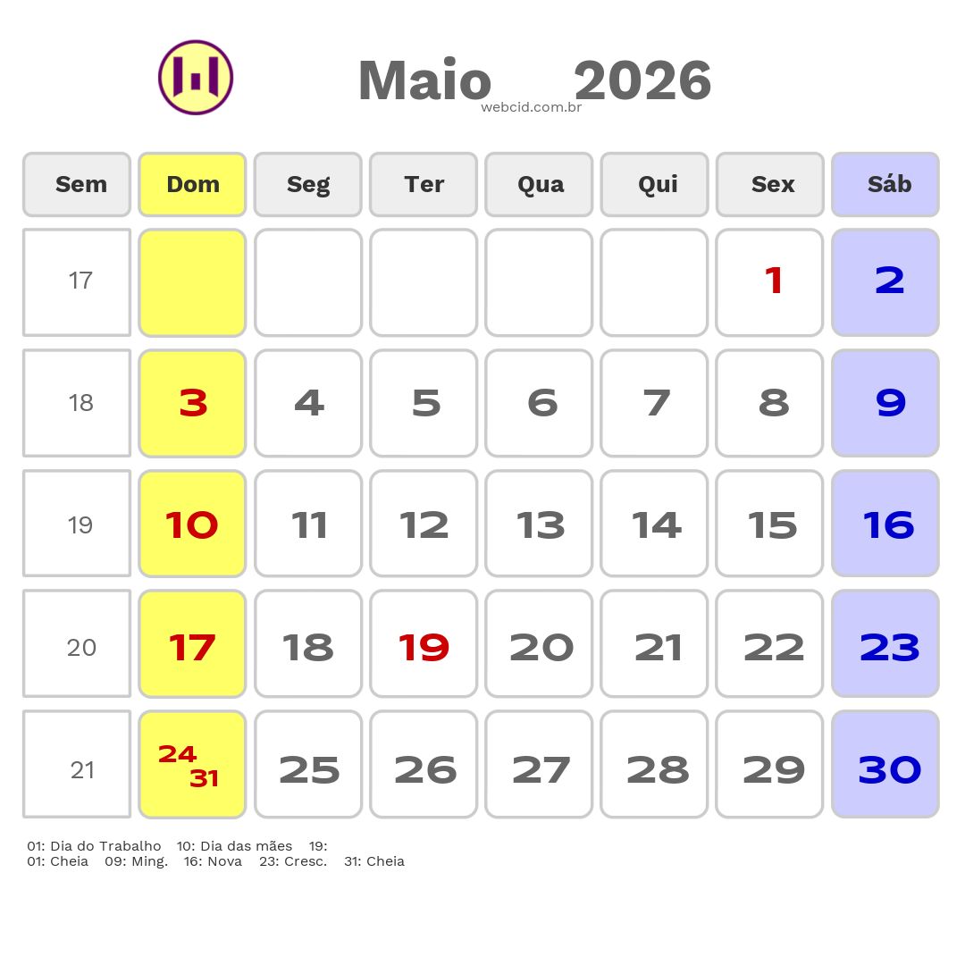 Calendário 2026 - Maio - Bertioga-SP com feriados e fases da lua