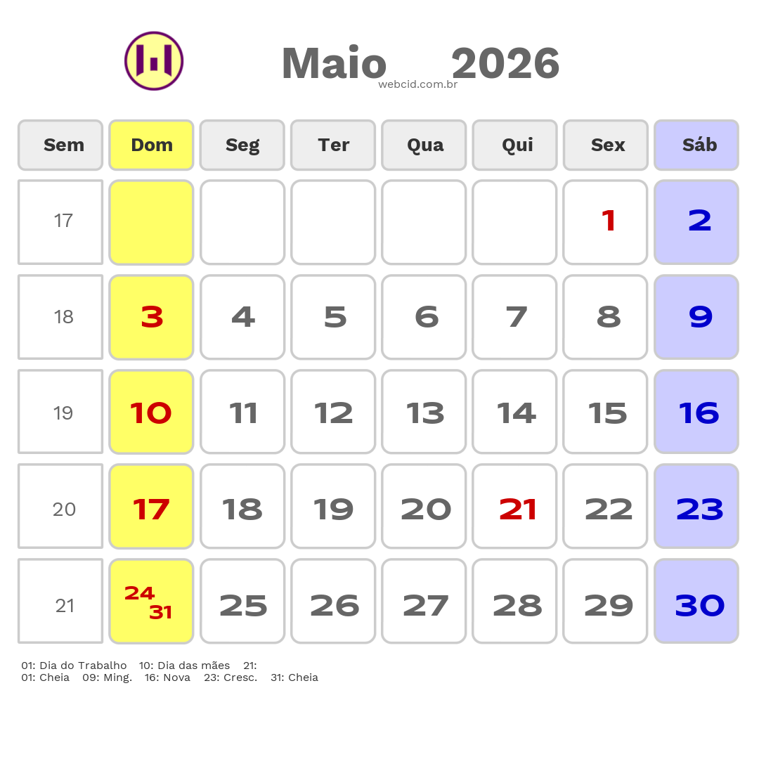 Calendário 2026 - Maio - Jumirim-SP com feriados e fases da lua