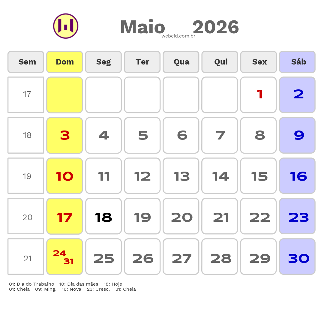 Calendário 2026 - Maio - Mogi das Cruzes-SP com feriados e fases da lua