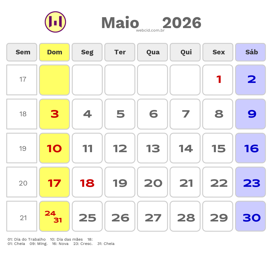 Calendário 2026 - Maio - Piratininga-SP com feriados e fases da lua
