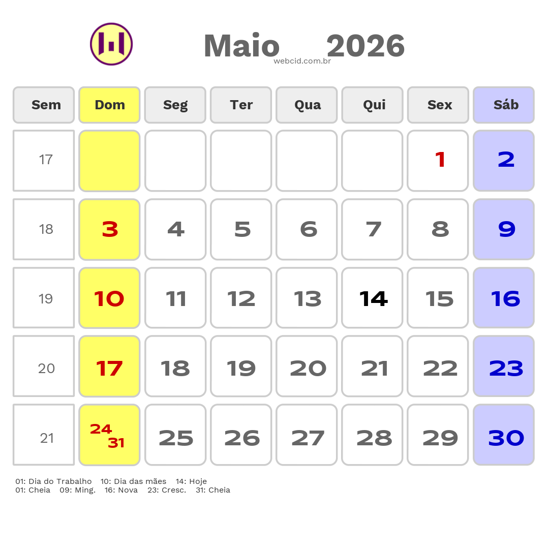 Calendário 2026 - Maio - Ribeirão Preto-SP com feriados e fases da lua