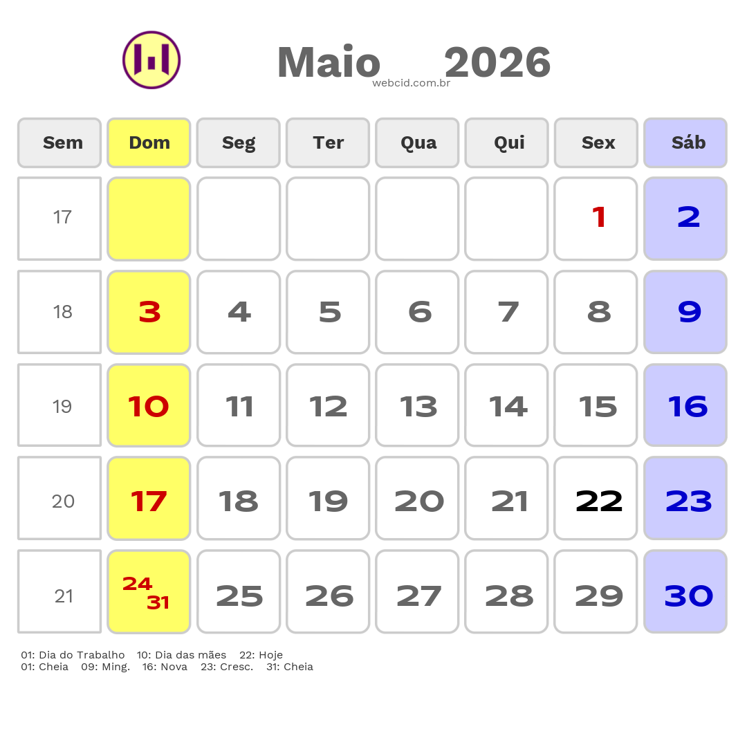 Calendário 2026 - Maio - São Carlos-SP com feriados e fases da lua