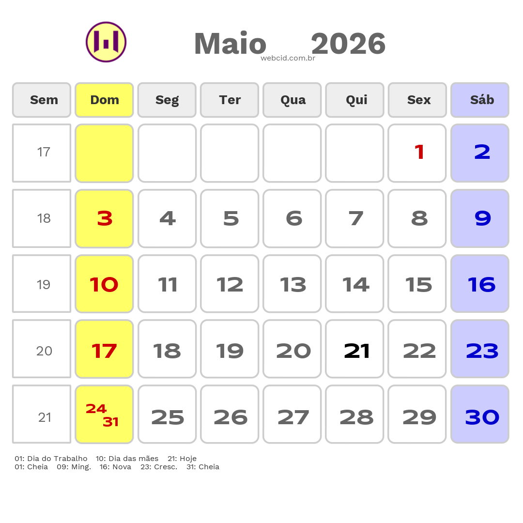 Calendário 2026 - Maio - Valinhos-SP com feriados e fases da lua