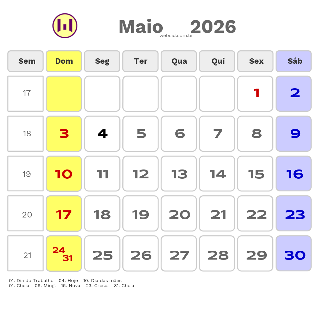 Calendário 2026 - Maio - Araguaina-TO com feriados e fases da lua