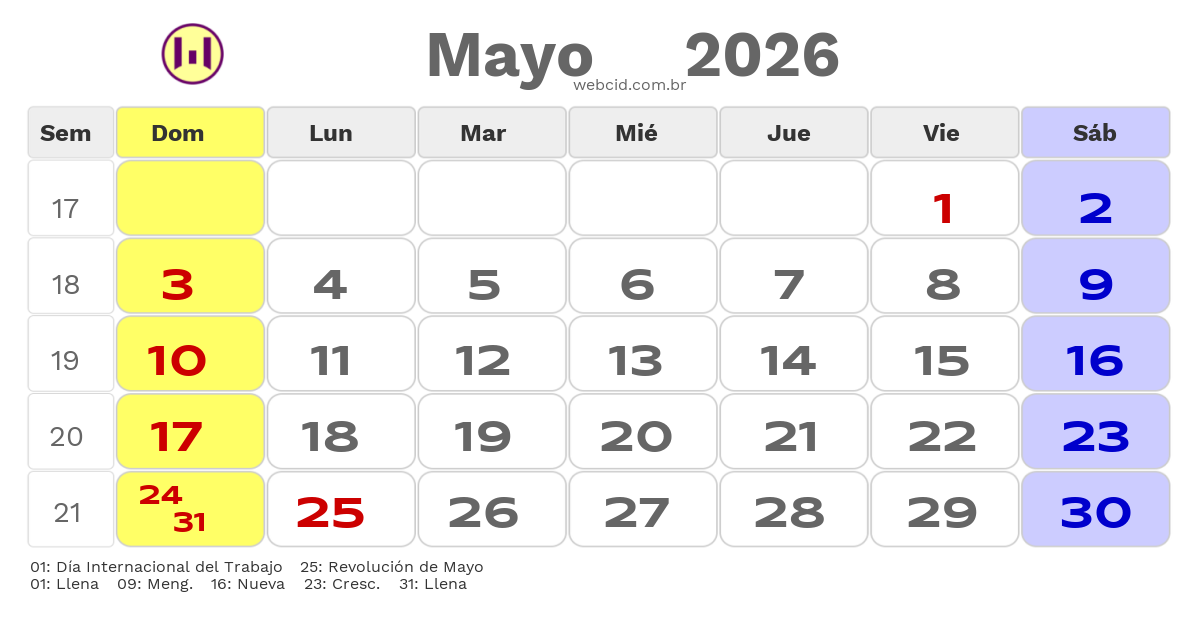 Calendario 2026 - Mayo - Argentina com feriados e fases da lua
