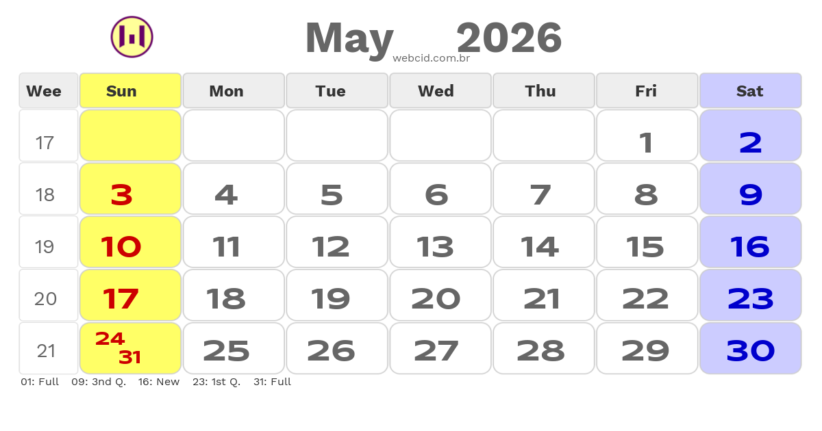 Calendar 2026 - May - Austrália com feriados e fases da lua