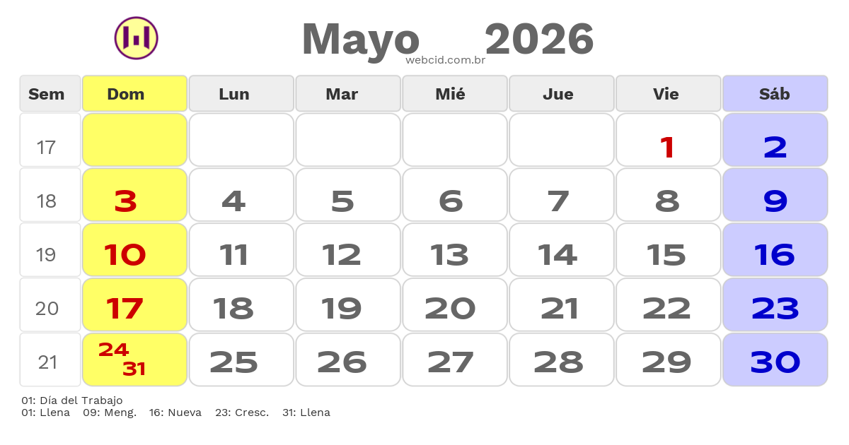 Calendario 2026 - Mayo - Bolívia com feriados e fases da lua