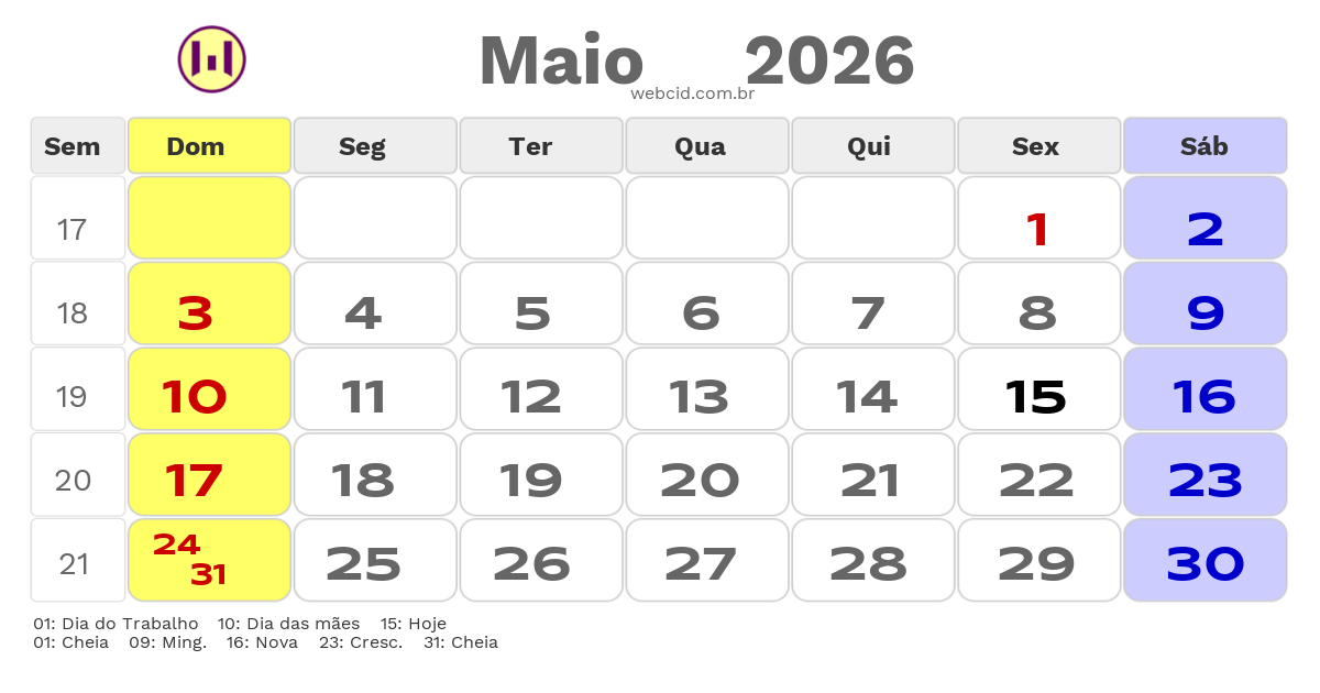 Calendário 2026 - Maio - Guaiuba-CE com feriados e fases da lua