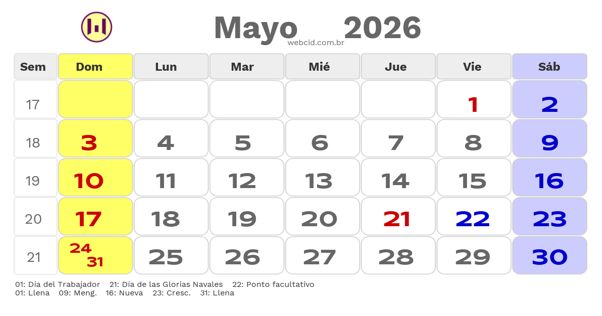Calendario 2026 - Mayo - Chile com feriados e fases da lua
