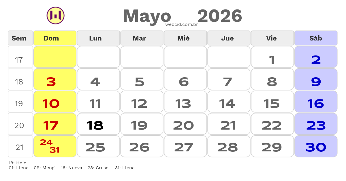 Calendario 2026 - Mayo - Colômbia com feriados e fases da lua