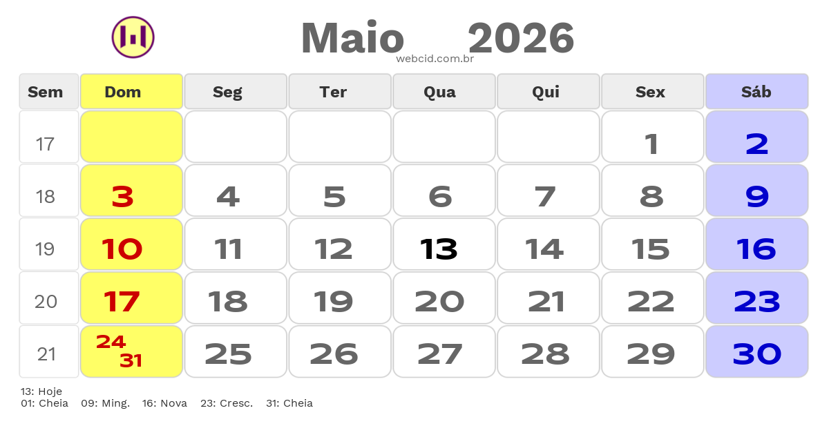 Calendário 2026 - Maio - Copa do Mundo FIFA com feriados e fases da lua