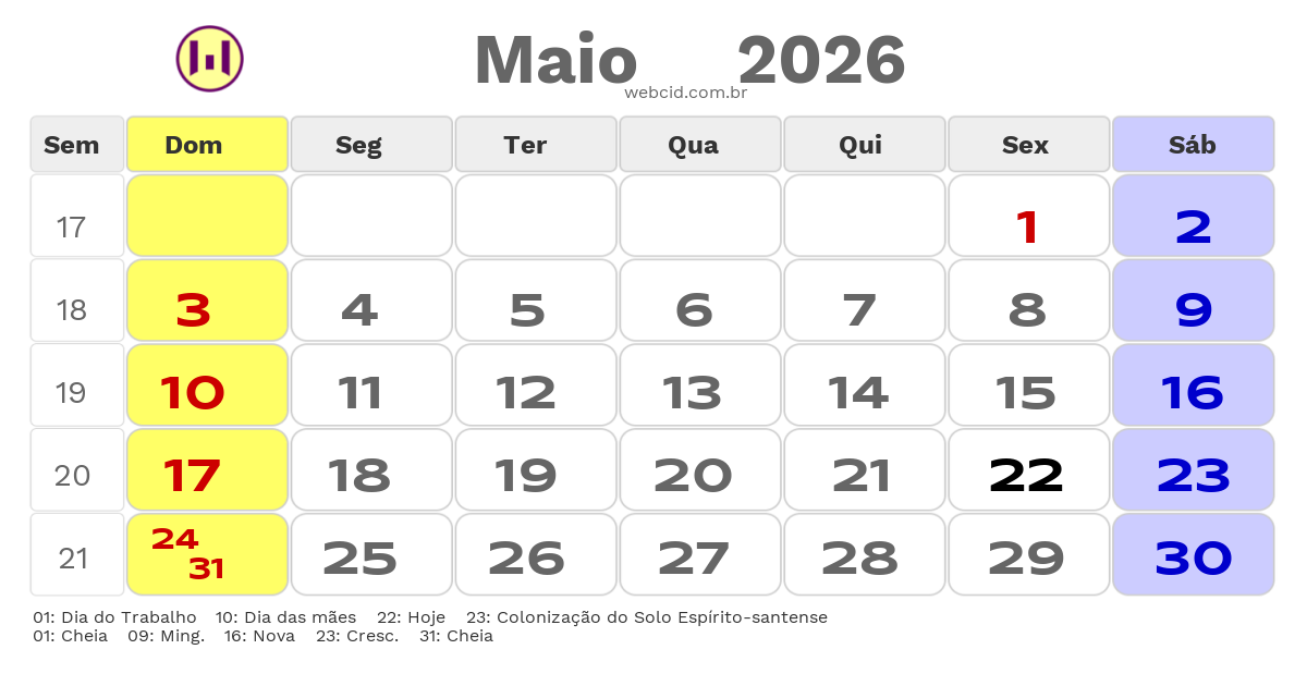 Calendário 2026 - Maio - Domingos Martins-ES com feriados e fases da lua