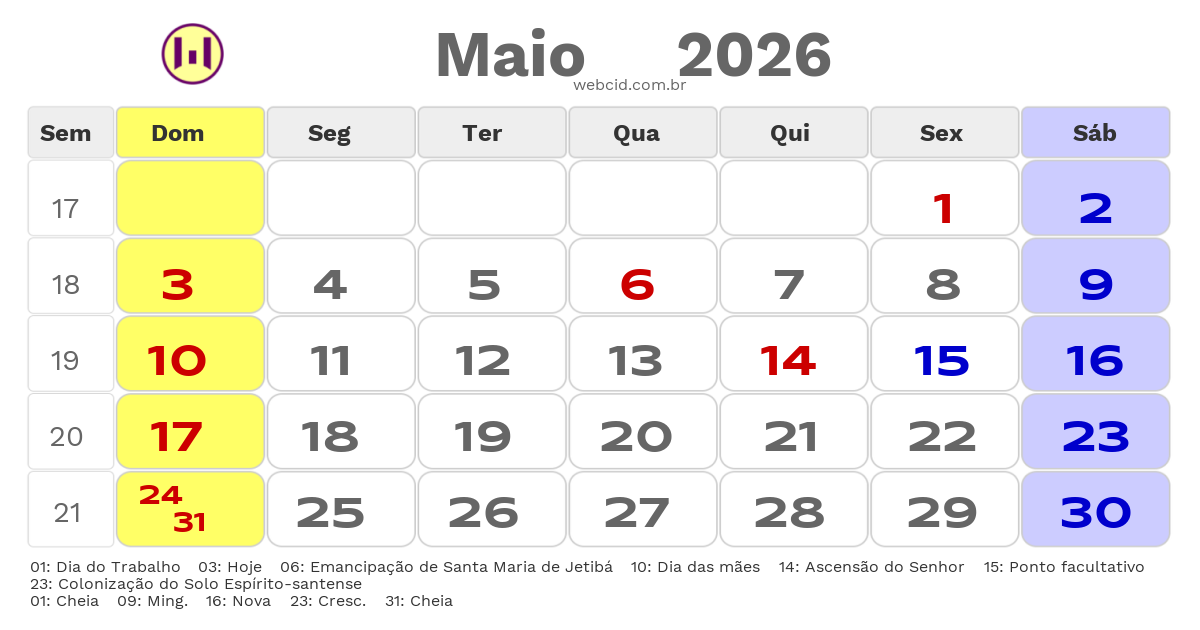Calendário 2026 - Maio - Santa Maria de Jetibá-ES com feriados e fases da lua