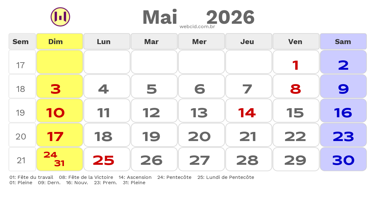 Calendrier 2026 - Mai - La France com feriados e fases da lua