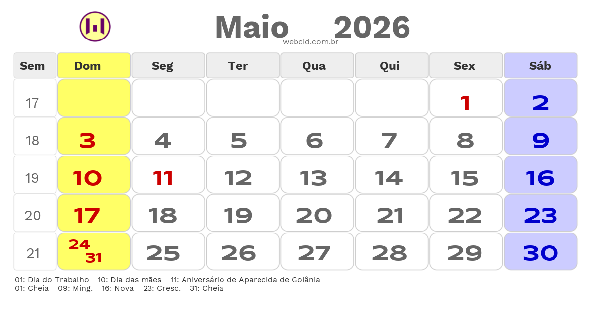 Calendário 2026 - Maio - Aparecida de Goiânia-GO com feriados e fases da lua