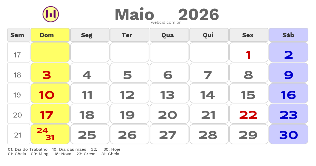 Calendário 2026 - Maio - Timbiras-MA com feriados e fases da lua