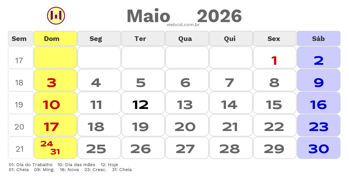Calendário 2026 - Maio - Ze Doca-MA com feriados e fases da lua